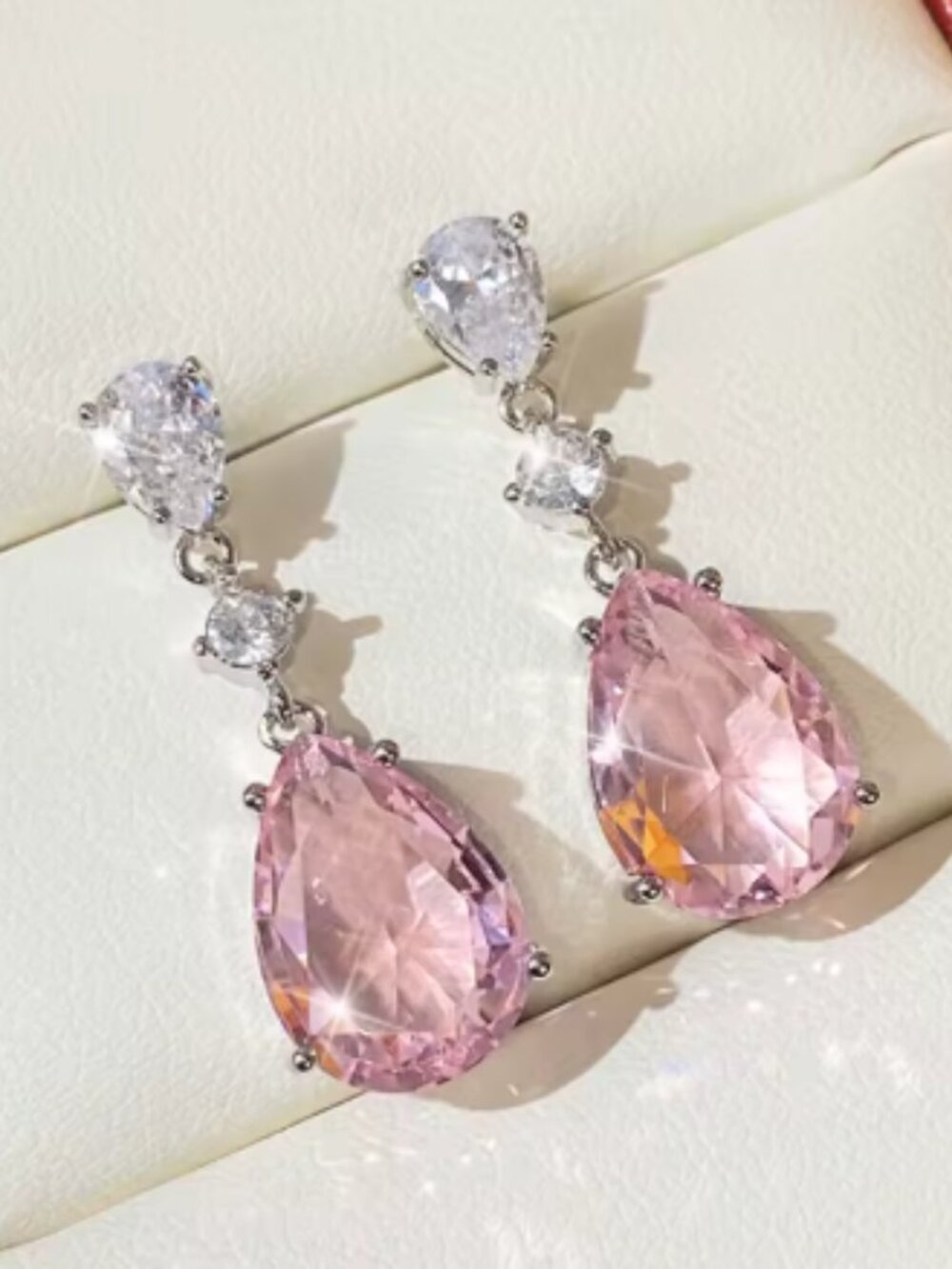 Pink Pear Cut Cubic Zirconia Drop Earrings Silver Tone NEW